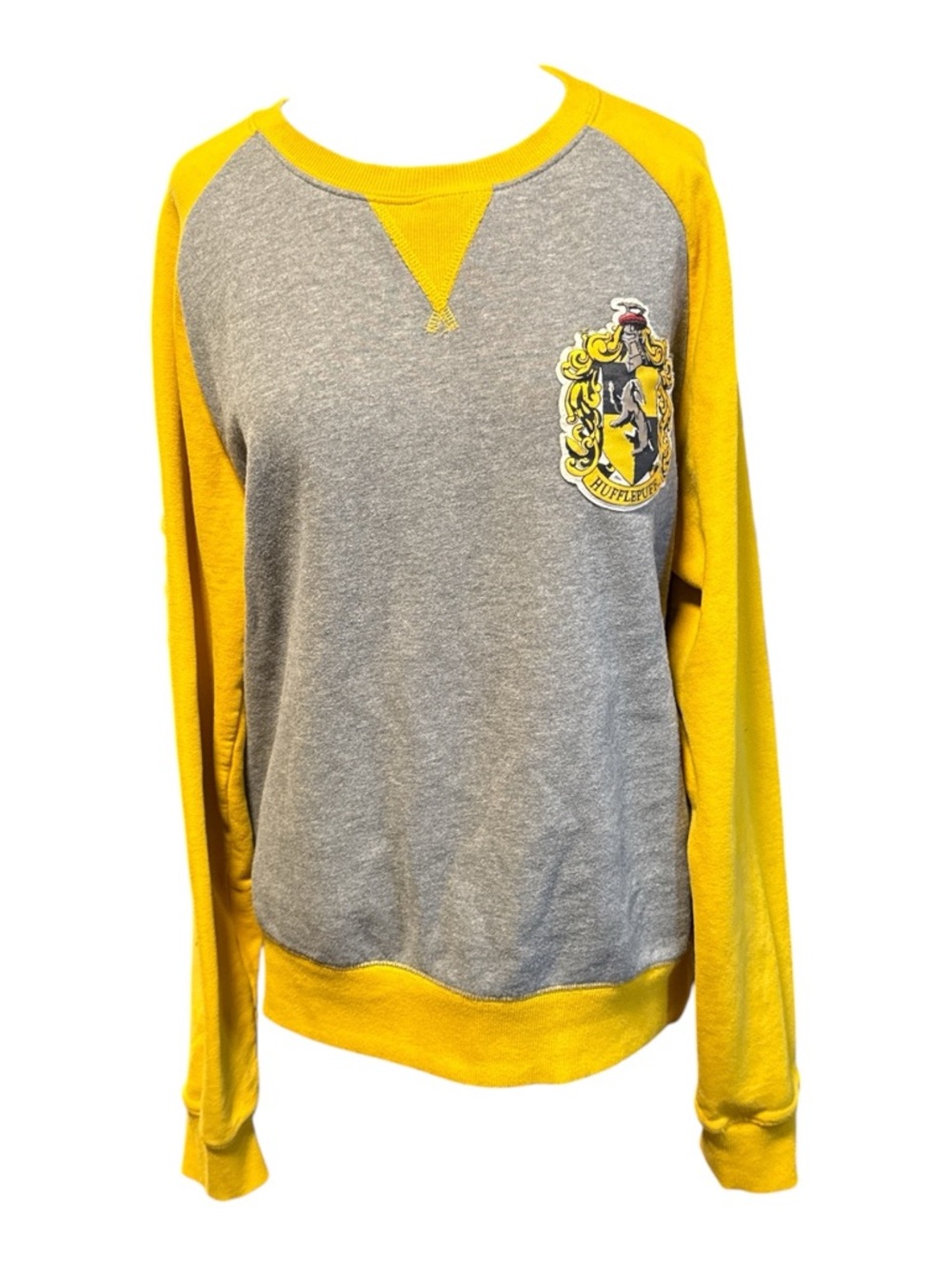 Harry Potter Hufflepuff Sweatshirt Womens L Yellow Gray Crest Spell Out Sleeve